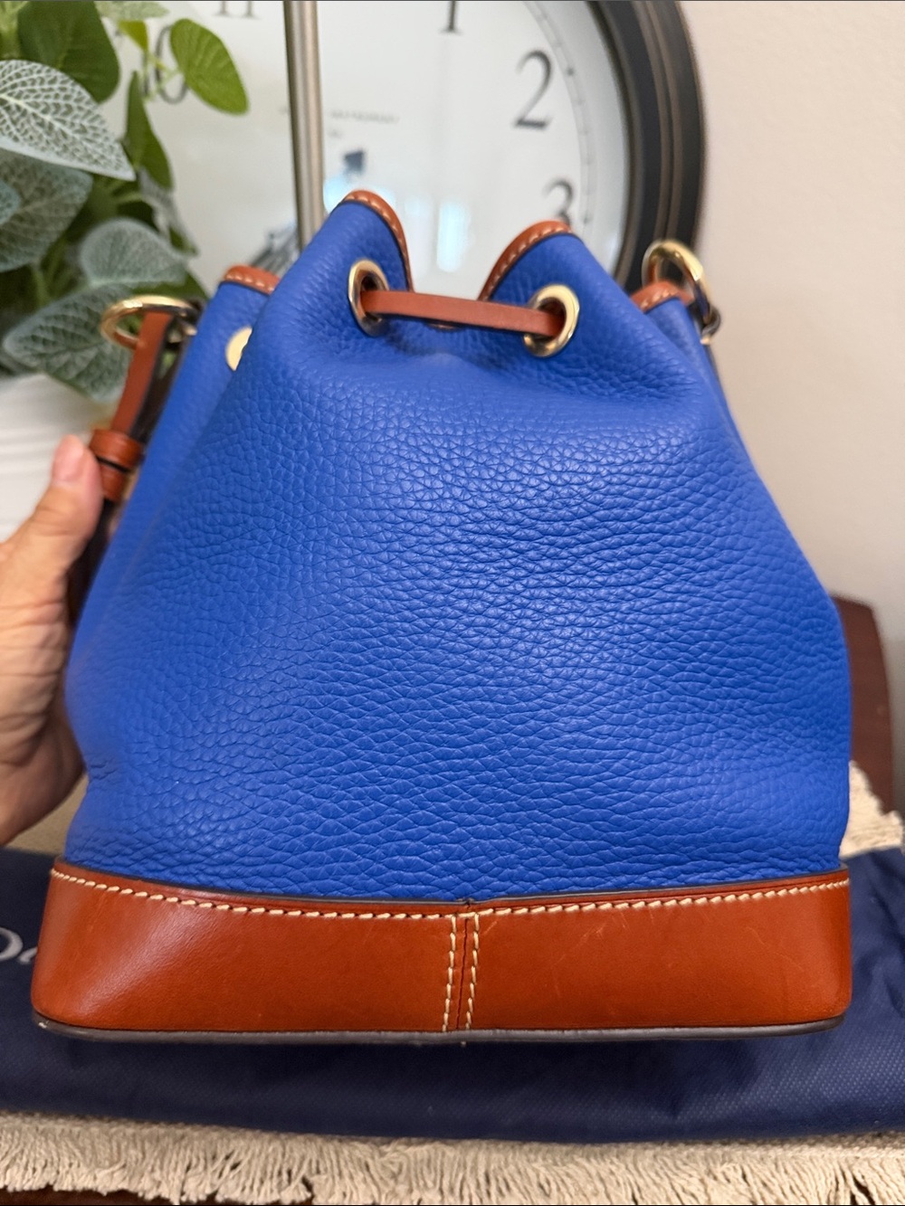 Dooney & Bourke Blue Leather Drawstring Bucket Bag with Brown Trim and Tassels - Picture 4 of 16